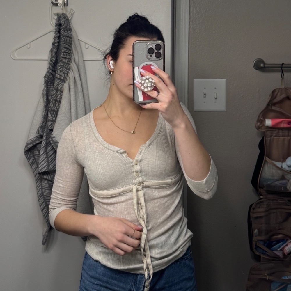 Hollister Ribbed Henley Top Empire Waist Tie Oatmeal Gray 3/4 Sleeve